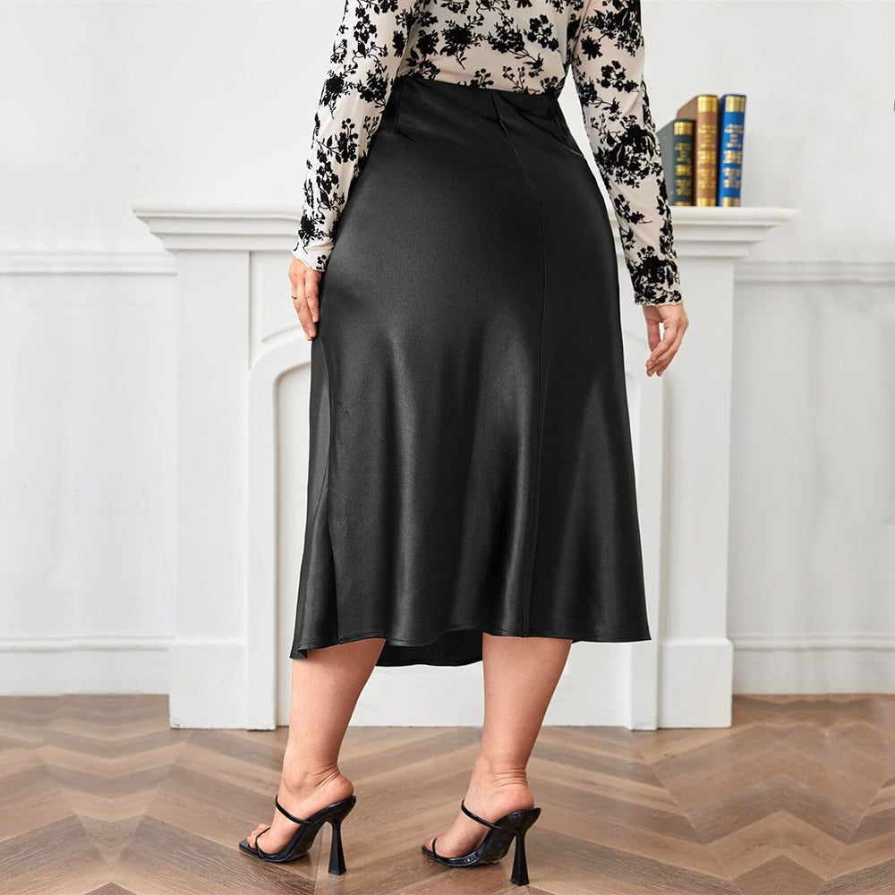 High Waist Zipper Large Hem Satin Satin Temperament Skirt GlamzKart