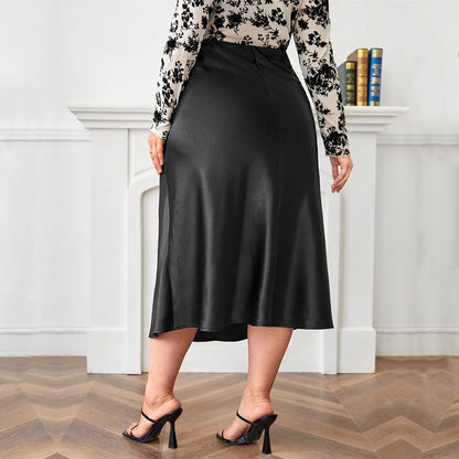 High Waist Zipper Large Hem Satin Satin Temperament Skirt GlamzKart