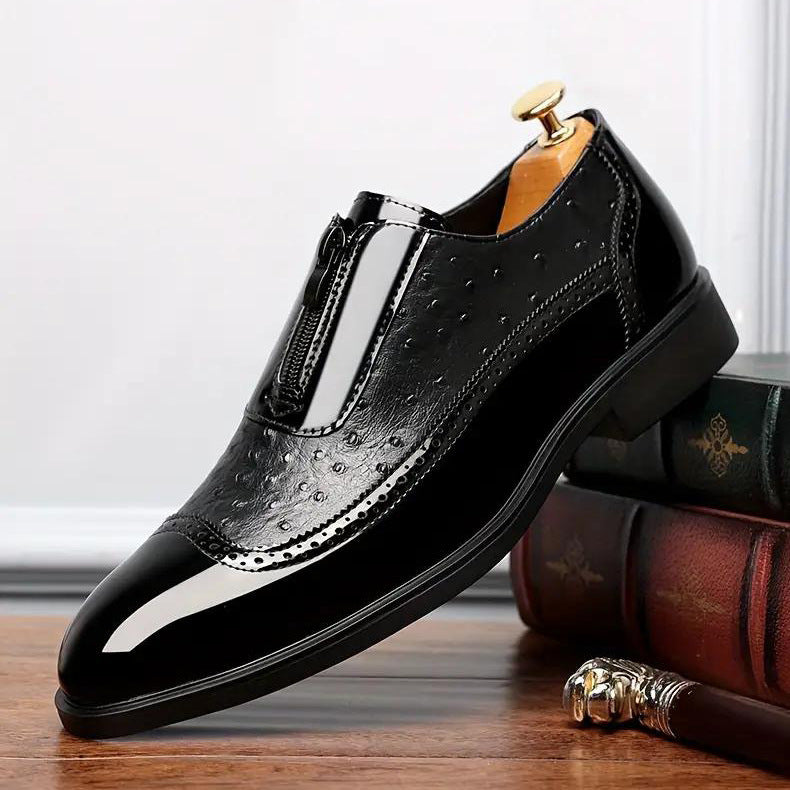 Ostrich Grain Embossed Zipper Pointed Plus Size Bright Leather Chelsea Men's Shoes GlamzKart