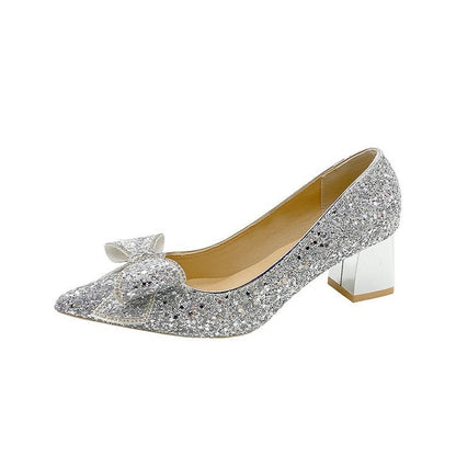Crystal Sequins Wedding Xiuhe Chunky Heel Pointed-toe Shoes Silver 4.5cm GlamzKart