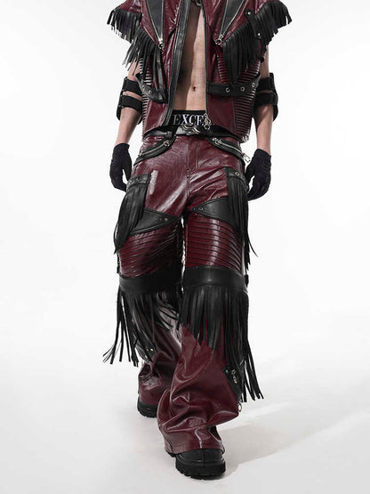 Deconstructed Design Red PU Leather Pants Male GlamzKart