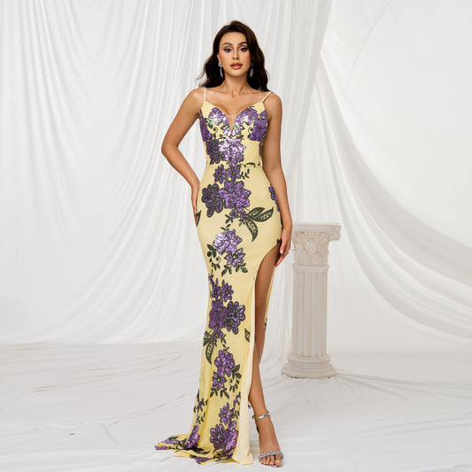 V-neck Brace Slim-fit Sheath Sequined Slit Evening Dress GlamzKart