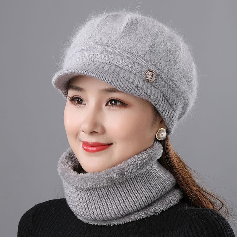 Rabbit Fur Knitted Woolen Cap Women's Autumn Versatile Winter Warm Beanie Hat Gray CAP Hat Scarf GlamzKart