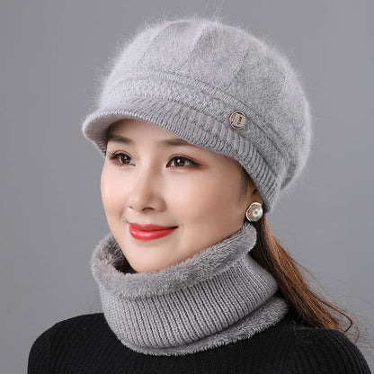 Rabbit Fur Knitted Woolen Cap Women's Autumn Versatile Winter Warm Beanie Hat Gray CAP Hat Scarf GlamzKart