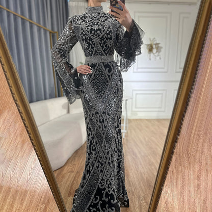 Red High Collar Fishtail Evening Long Dress Black GlamzKart