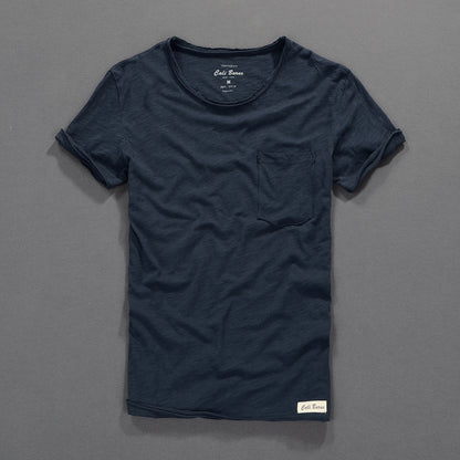 Simple Casual Men's Clothing Summer New Slub Cotton T-shirt Dark Sapphire Blue GlamzKart