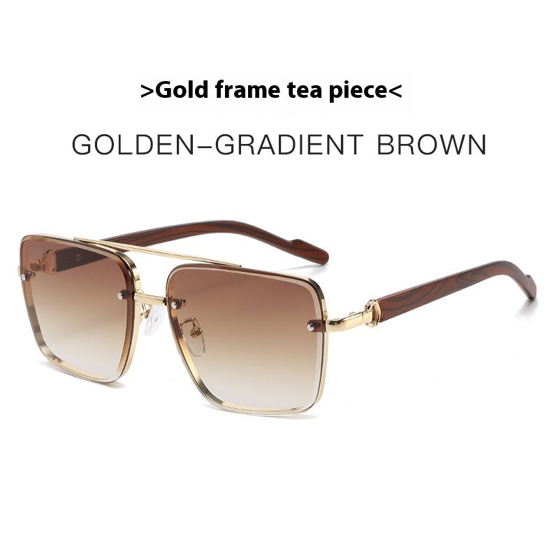 Metal Double Beam Frame Wood Grain Leg Sunglasses Gold Frame Gradient Tea GlamzKart