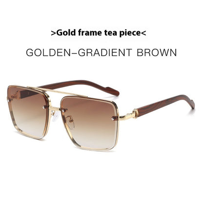 Metal Double Beam Frame Wood Grain Leg Sunglasses Gold Frame Gradient Tea GlamzKart
