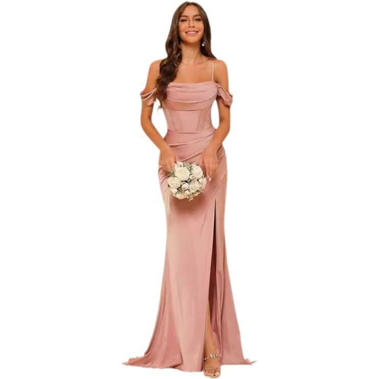 Off-the-shoulder Satin Bridesmaid Corset Ball Gown GlamzKart
