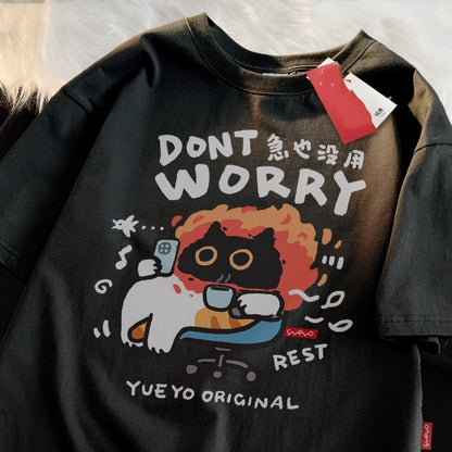 Cotton Loose Funny Short-sleeved T-shirt Men's Summer Casual Black GlamzKart