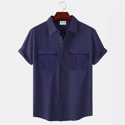 Solid Color Patchwork Linen Cardigan Short Sleeve Loose Lapels Men's Shirt GlamzKart