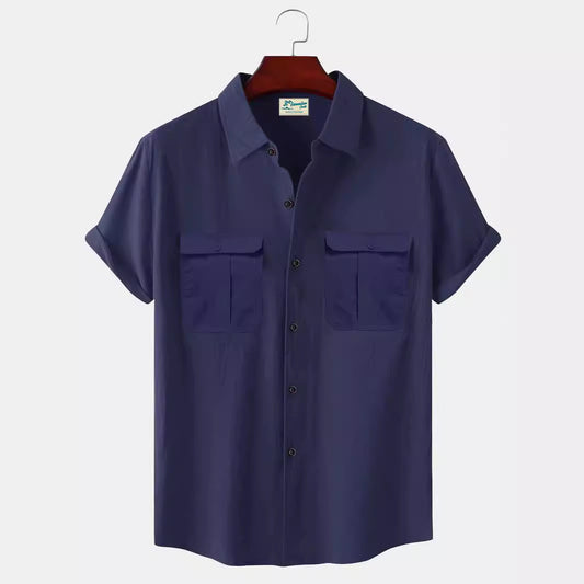 Solid Color Patchwork Linen Cardigan Short Sleeve Loose Lapels Men's Shirt GlamzKart