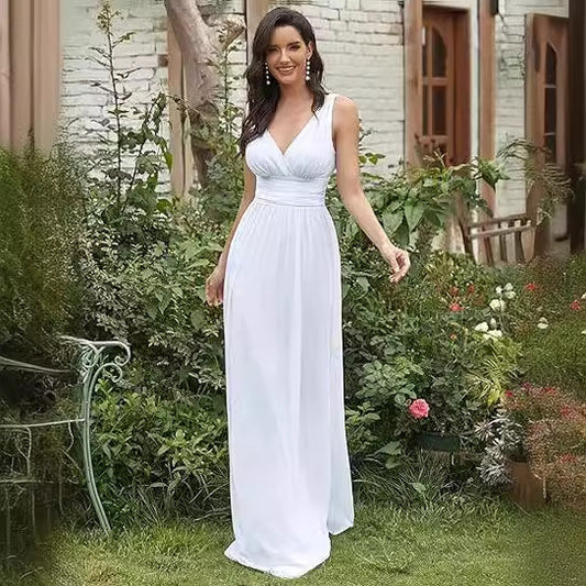 Women's Elegant Graceful Deep V-neck Sleeveless Chiffon Formal Maxi Evening Dress GlamzKart