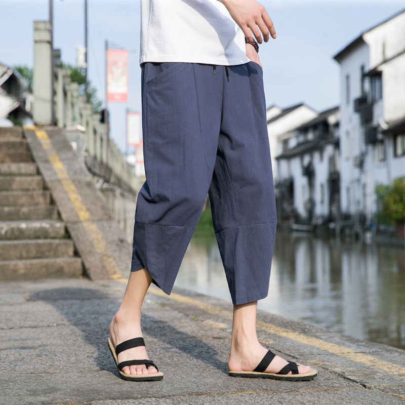 Fashion Men's Thin Beach Linen Casual Pants Navy Blue GlamzKart