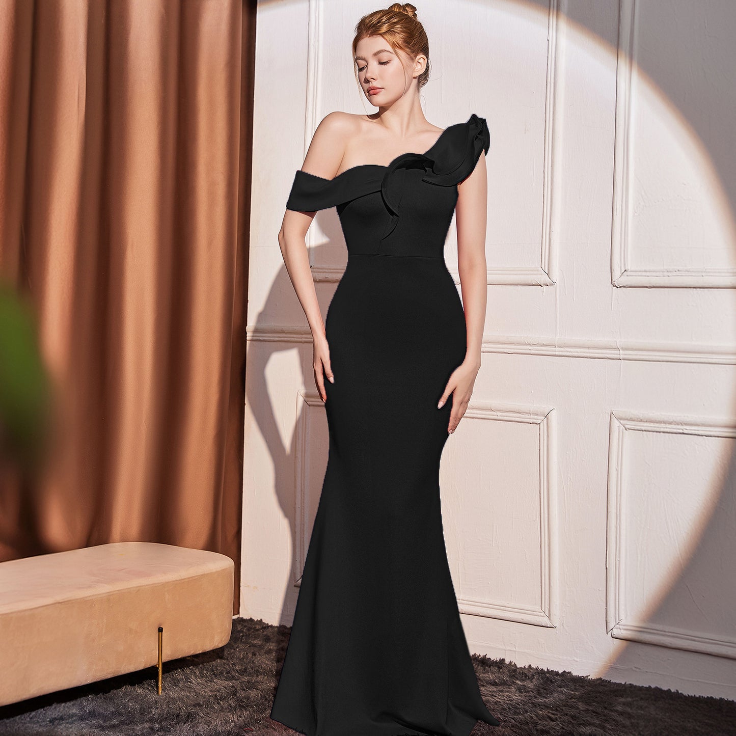 High-end Slant Shoulder Slimming Long Dress Black 18732 GlamzKart