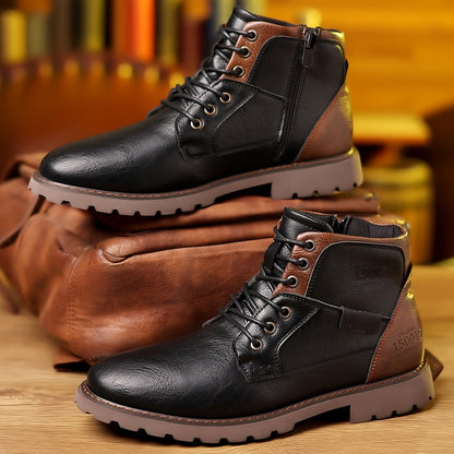 Men's Color Matching Casual Side Zipper Middle Tube Leather Boots GlamzKart