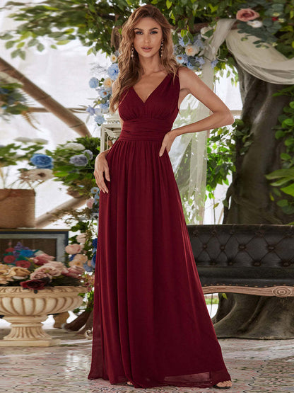 Deep V-neck Bridesmaid Plus Size High Waist Evening Dress Wine Red GlamzKart