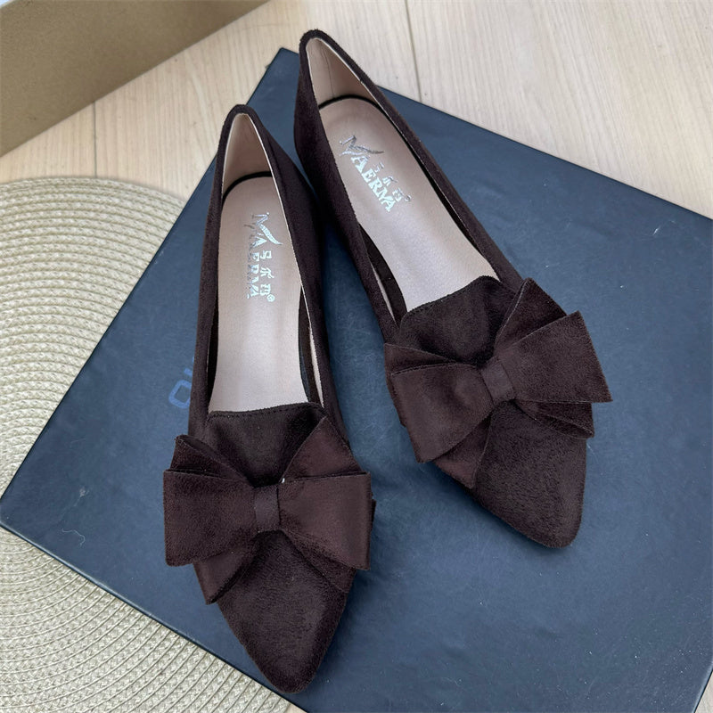 Women's Versatile Solid Color Bow Pointed Flat Shoes Brown GlamzKart