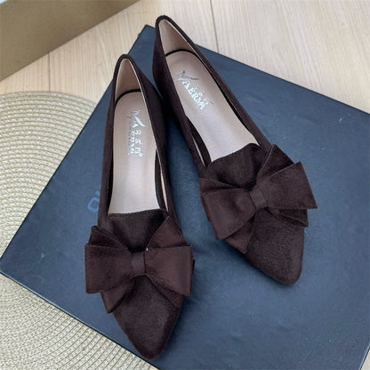 Women's Versatile Solid Color Bow Pointed Flat Shoes Brown GlamzKart