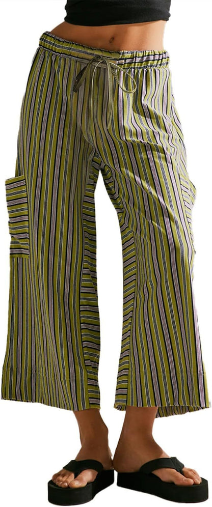 Summer Stripes Straight-leg Pants Women's Clothing Cyan GlamzKart