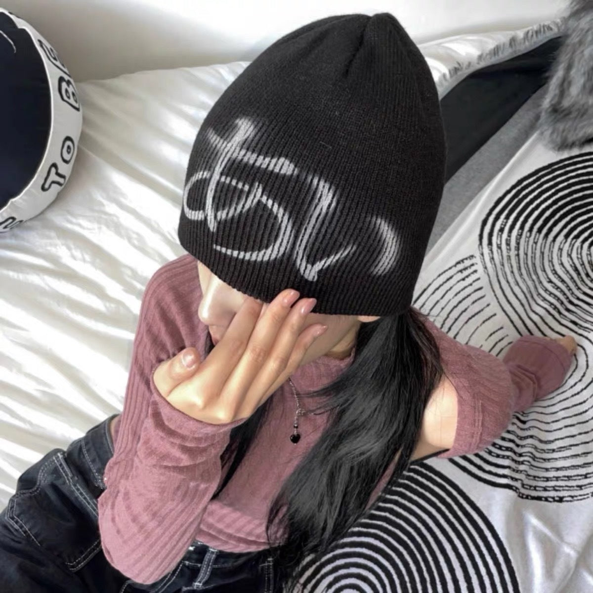 Street Style Letters Pile Heap Cap Beanie Hat Female Autumn And Winter Street Japanese Black M GlamzKart