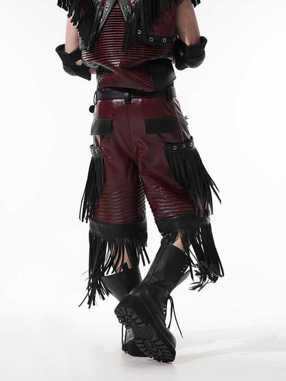 Deconstructed Design Red PU Leather Pants Male GlamzKart