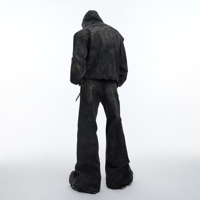 Distressed Padded Shoulder Hooded Denim Jacket Suit Metal Embellished Jeans GlamzKart