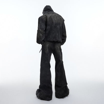 Distressed Padded Shoulder Hooded Denim Jacket Suit Metal Embellished Jeans GlamzKart
