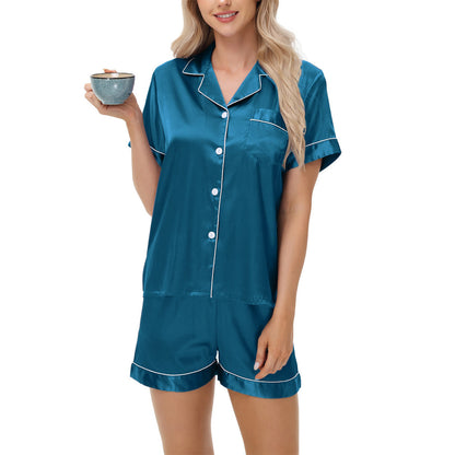Ice Silk Women's Short Sleeve Satin Plus Size Pajamas Peacock Blue GlamzKart