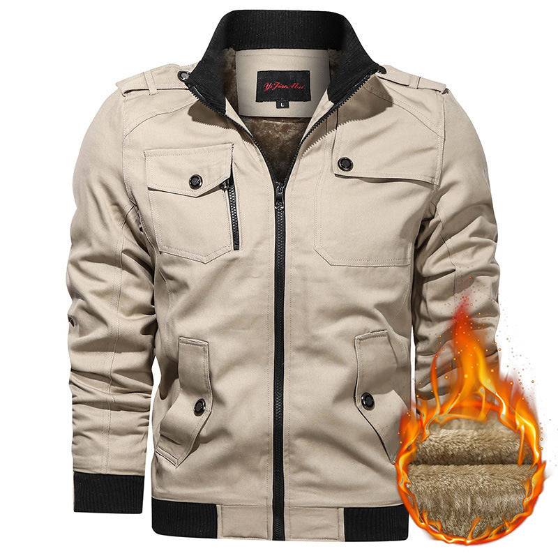 Fleece-lined Thickened Korean Style Casual Polo Collar Flight Jacket Warm-keeping Cotton Clothing Khaki GlamzKart