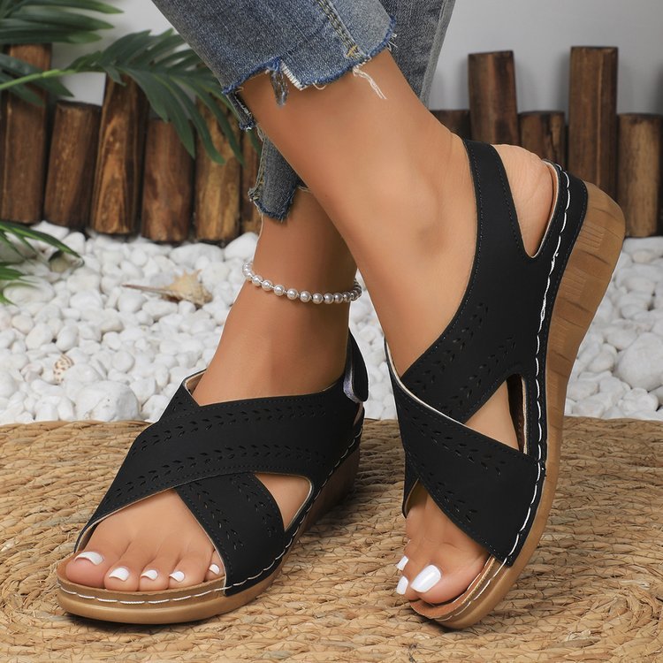 Plus Size Wedge Women's Back Strap Velcro Sandals Black GlamzKart