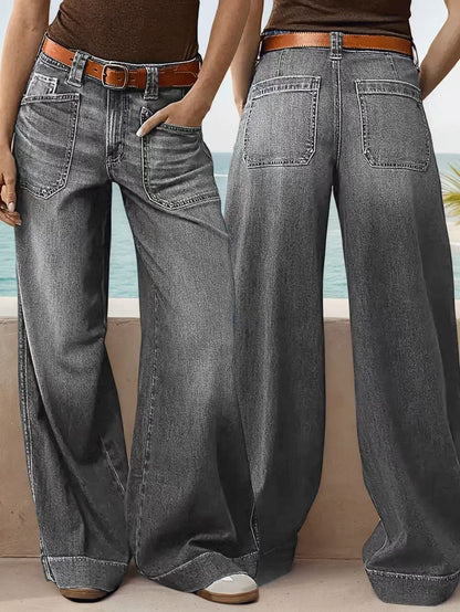 Loose Slimming Ladies Wide-leg Straight Pants Denim Ankle-length Pants Gray GlamzKart