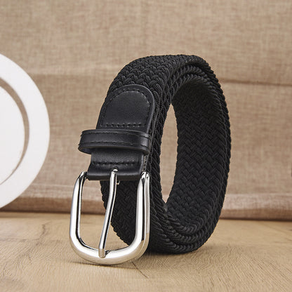 New Men's And Women's Woven Belt Elastic Stretch Punch-free Silver Buckle Black GlamzKart