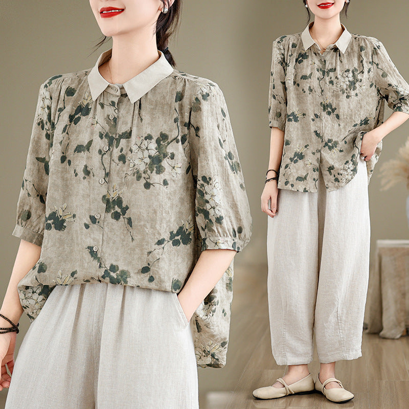 Women's Short-sleeved Shirt Cotton And Linen Style Top GlamzKart