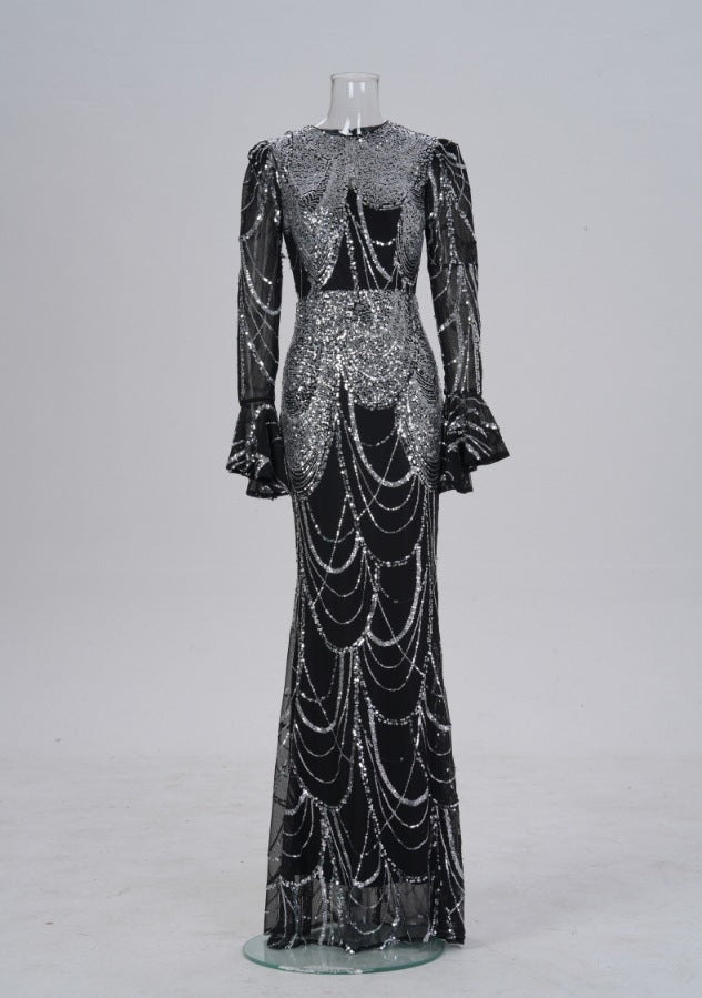 Long Sleeve Round Neck Slim-fit Sheath Sequined Banquet Fishtail Evening Dress Black And Silver GlamzKart