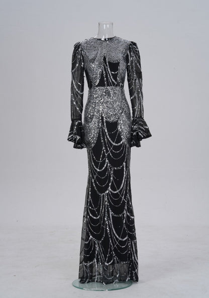 Long Sleeve Round Neck Slim-fit Sheath Sequined Banquet Fishtail Evening Dress Black And Silver GlamzKart