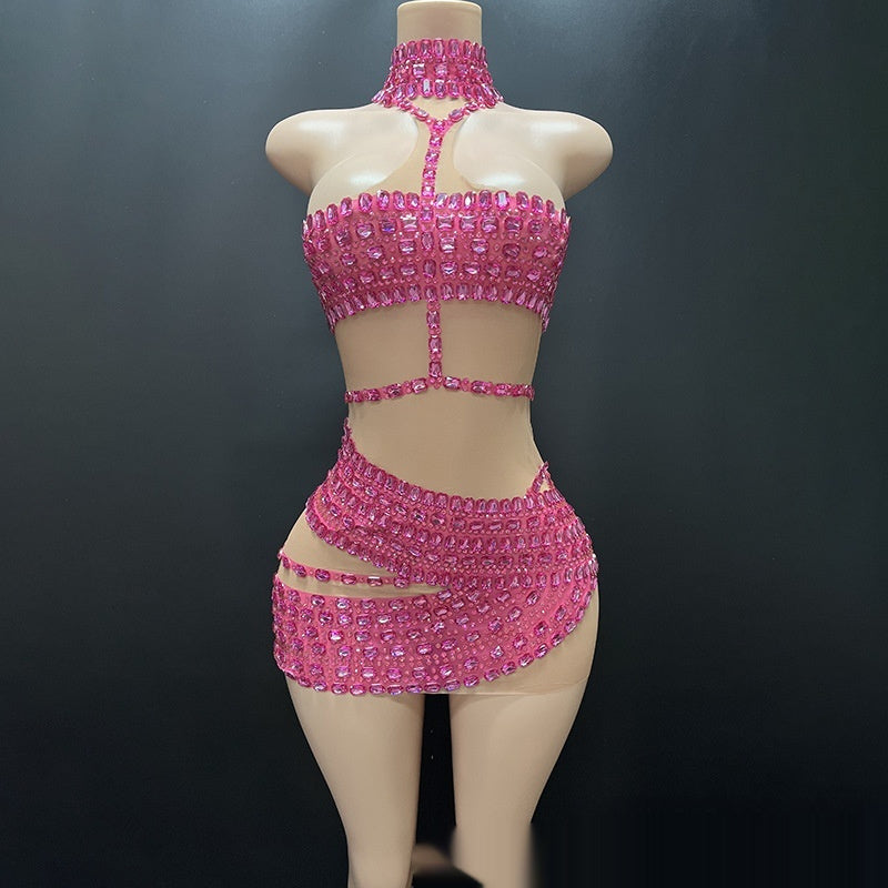 High-end And Fashionable Rhinestone Tube Top Short Skirt Top Vest Rose Red GlamzKart