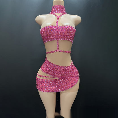 High-end And Fashionable Rhinestone Tube Top Short Skirt Top Vest Rose Red GlamzKart