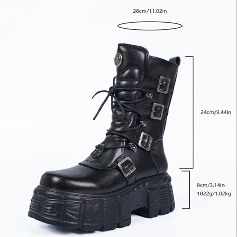 Dark Punk Metal Tank Platform Lace-up Middle Boots Gothic Martin Boots GlamzKart