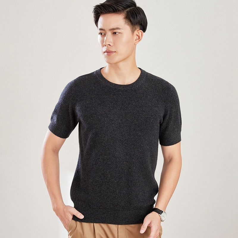 Men's Autumn And Winter Full Wool Short Sleeve Round Neck Sweater Deep Gray GlamzKart