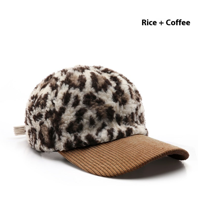 Japanese Women's Autumn And Winter Personalized Retro Color-blocking Leopard Print Baseball Cap Rice Coffee GlamzKart