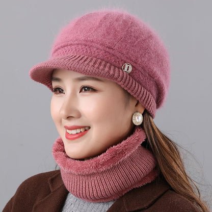 Rabbit Fur Knitted Woolen Cap Women's Autumn Versatile Winter Warm Beanie Hat Leather Pink CAP Hat Scarf GlamzKart