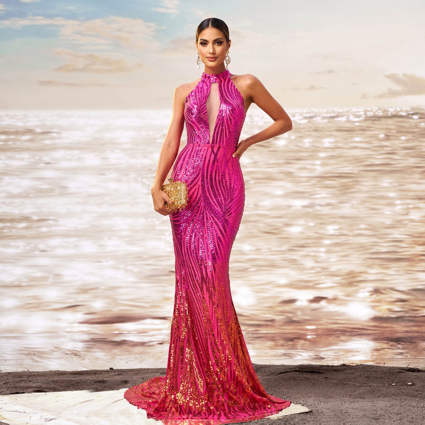Round Neck Off-the-shoulder Slim-fit Sheath Sequined Banquet Fishtail Evening Dress Rose Red GlamzKart