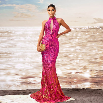 Round Neck Off-the-shoulder Slim-fit Sheath Sequined Banquet Fishtail Evening Dress Rose Red GlamzKart