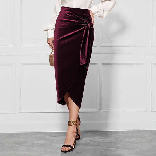 New Solid Color Twisted Skirt Temperament Commute Autumn And Winter Split Velvet Dress GlamzKart