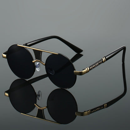 Men's Double Beam Round Frame Classic HD Fashion Sunglasses Gold Frame Black GlamzKart