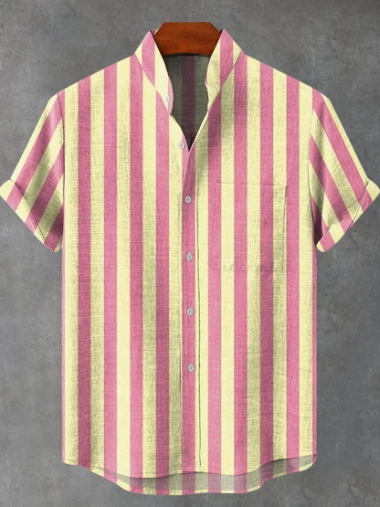 Men's Stand Collar Contrast Color Striped Casual Cool Versatile Short Sleeve ZM80407001 GlamzKart
