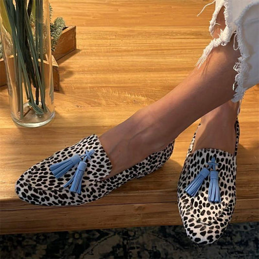 Spring And Autumn Tassel Low Heel Round Head 40-43 Low-cut Plus Size Leopard Print Casual Loafers GlamzKart