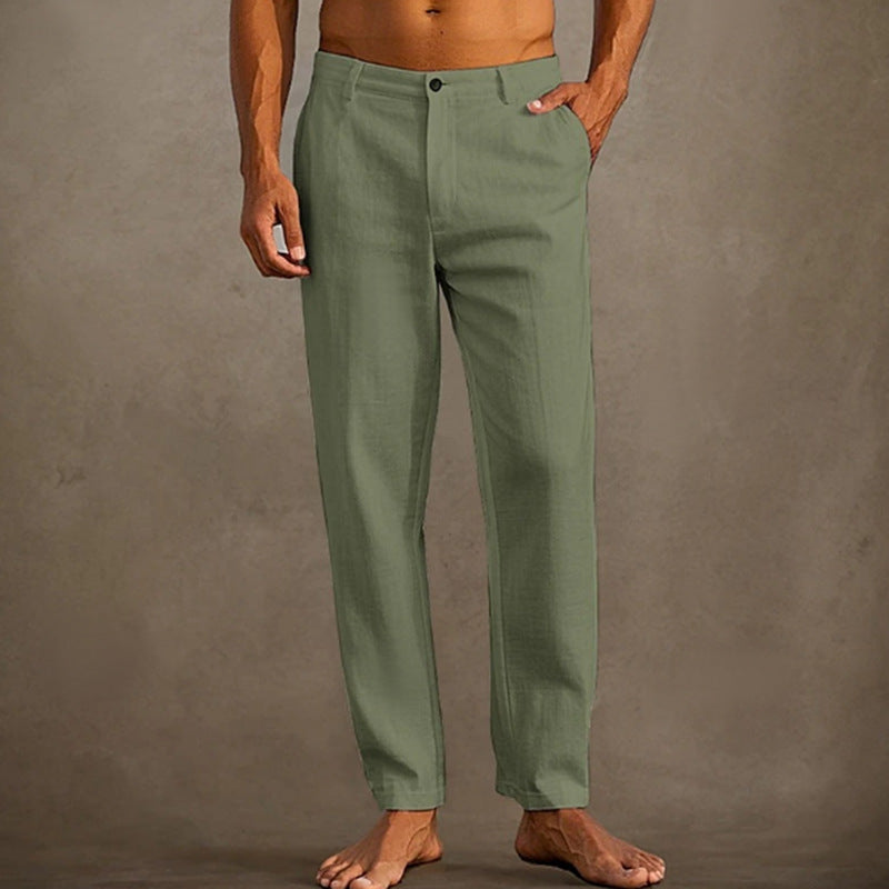 Men's Linen Beach Diagonal Pocket Cool Comfortable Breathable Skinny Pants Green GlamzKart