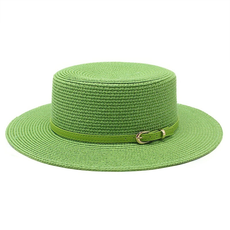 Wide Brim Flat Top Women's Spring And Summer Sun Beach Sun-proof Straw Hat Grass Green M GlamzKart